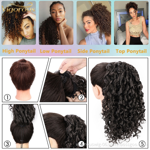 Vigorous long loose wave natural  curly  clip in wrap around drawstring puff high ponytail hai extensions synthetic